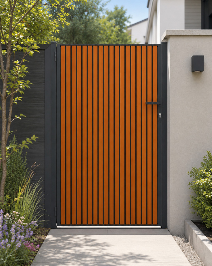 Portail battant simple Line up aluminium aspect bois droite 100x175cm