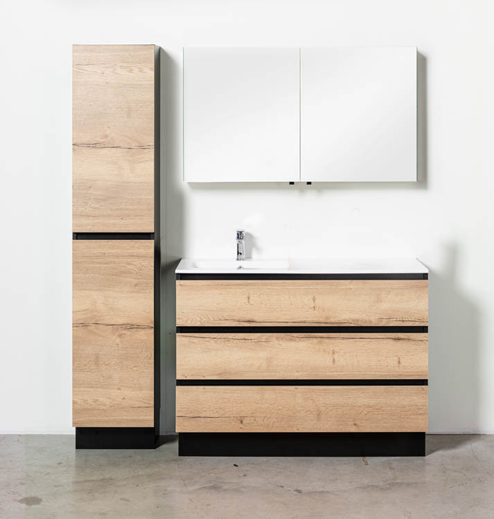 Meuble de salle de bains Dotan chêne sur pied avec lavabo simple à gauche blanc brillant 120cm
