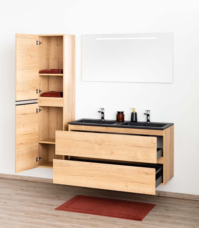 Meuble salle d bain Daria chêne brun doré 120cm lavabo noir mat double