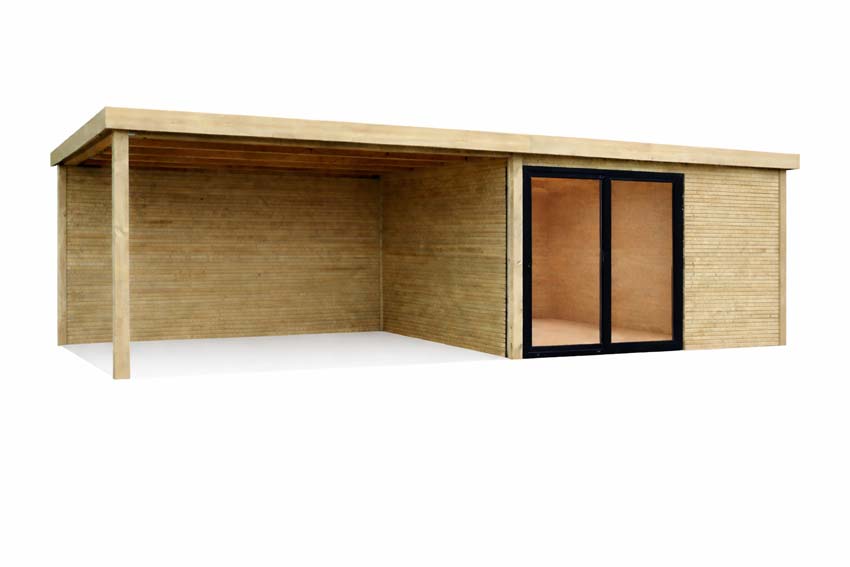 Tuinstudio Harper L + terras vurenhout naturel 800x304x227cm schuifdeur