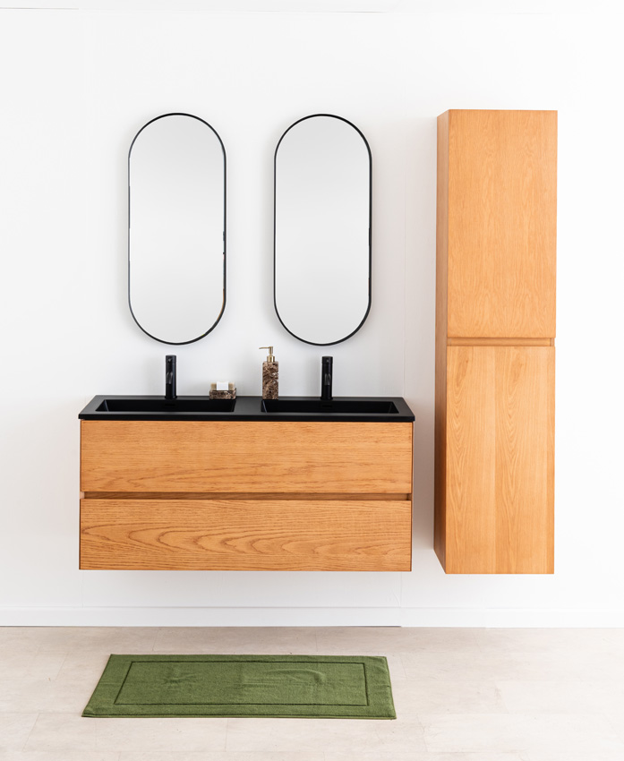 Badkamermeubel Fior eik hangend met dubbele wastafel mat zwart 120cm