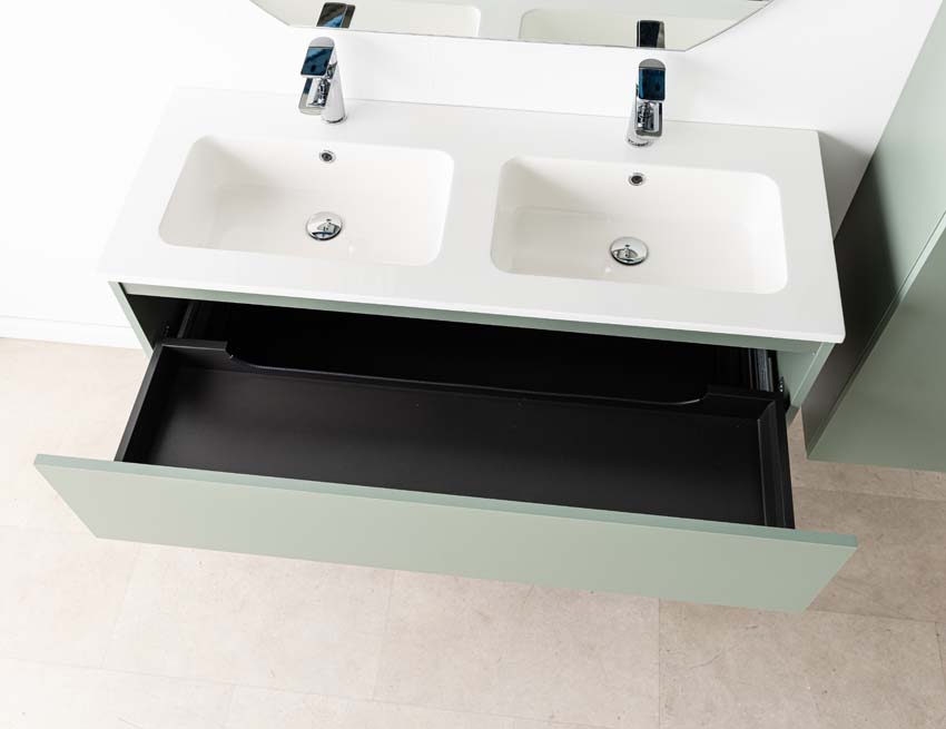 Meuble de salle de bain Dotan eucalyptus vert avec double lavabo blanc brillant 120cm
