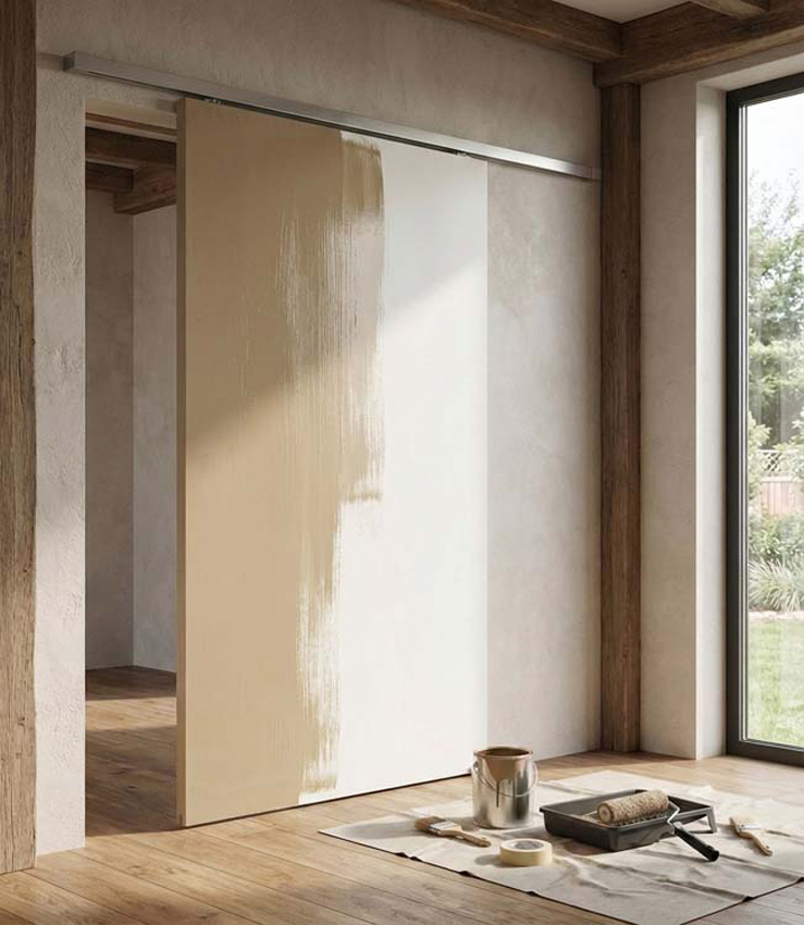 Porte coulissante simple à peindre complète 93x211,5cm tubulaire + rail acier inoxydable
