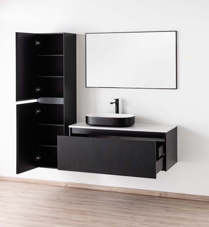 Meuble de salle de bains Windsor noir mat suspendu avec vasque à poser simple 120cm