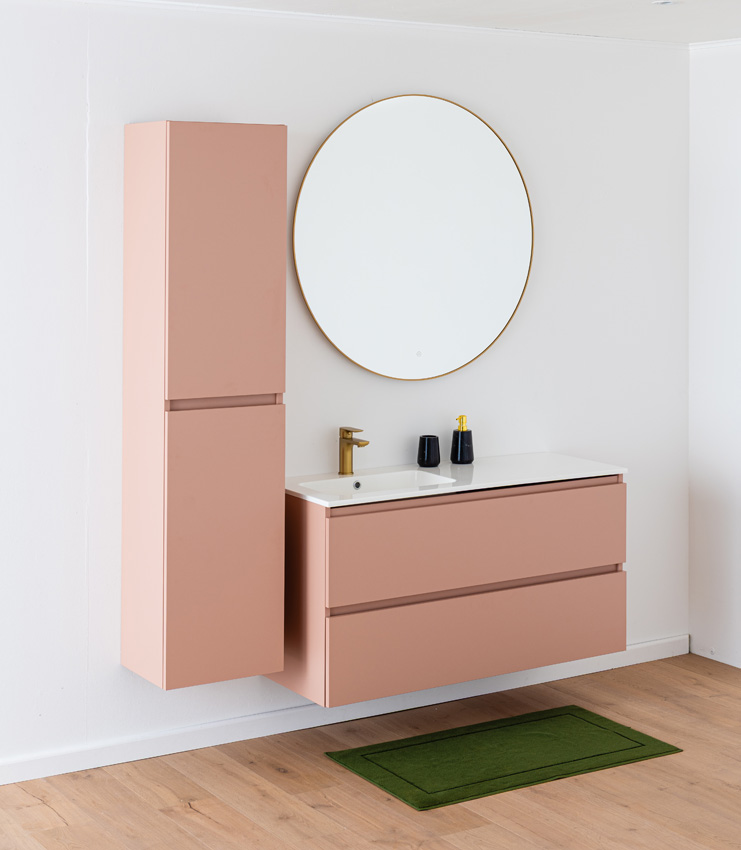 Meuble de salle de bains Dotan abricot suspendu avec lavabo simple gauche blanc brillant 120cm