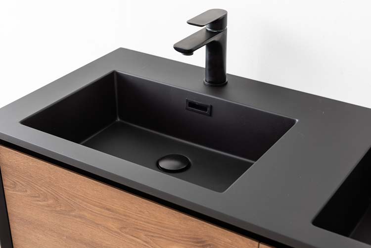 Meuble de salle de bains Justin noyer suspendu avec lavabo double noir mat 120cm