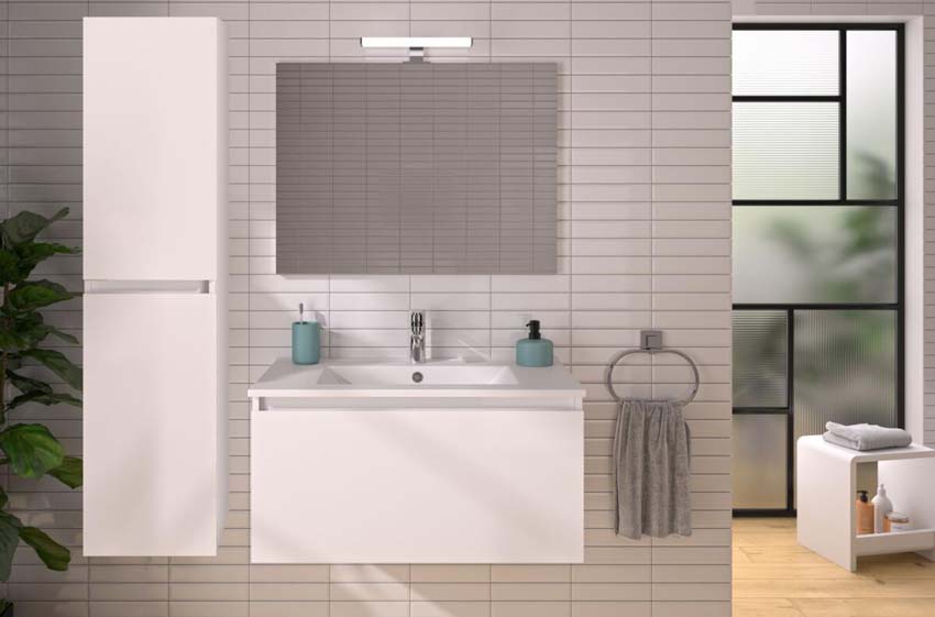 Meuble de salle de bains Atlas blanc suspendu avec lavabo simple blanc 80cm + miroir et éclairage