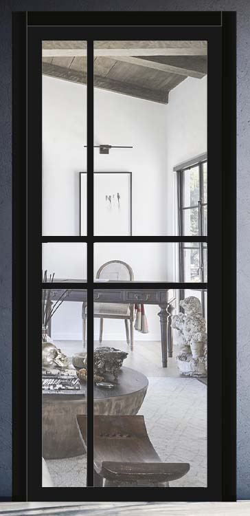 Complete steel look deur hout zwart 3 lijnen L201,5xB73cm helder glas omkeerbaar