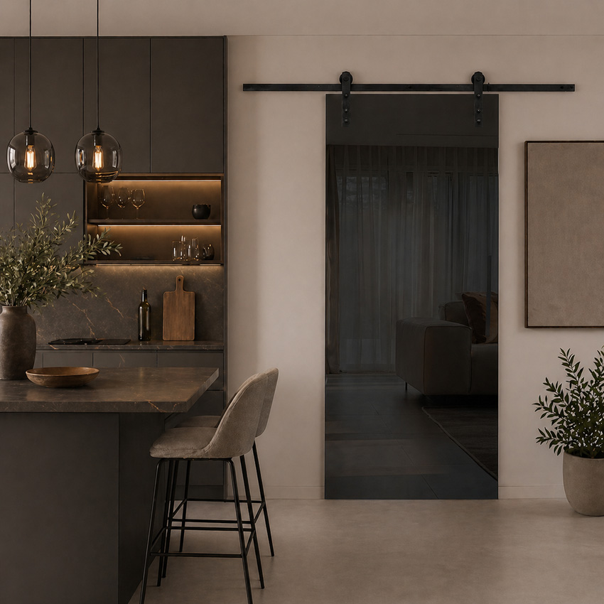 Porte coulissante simple complète Skyline Black verre noir sur mesure + rail noir