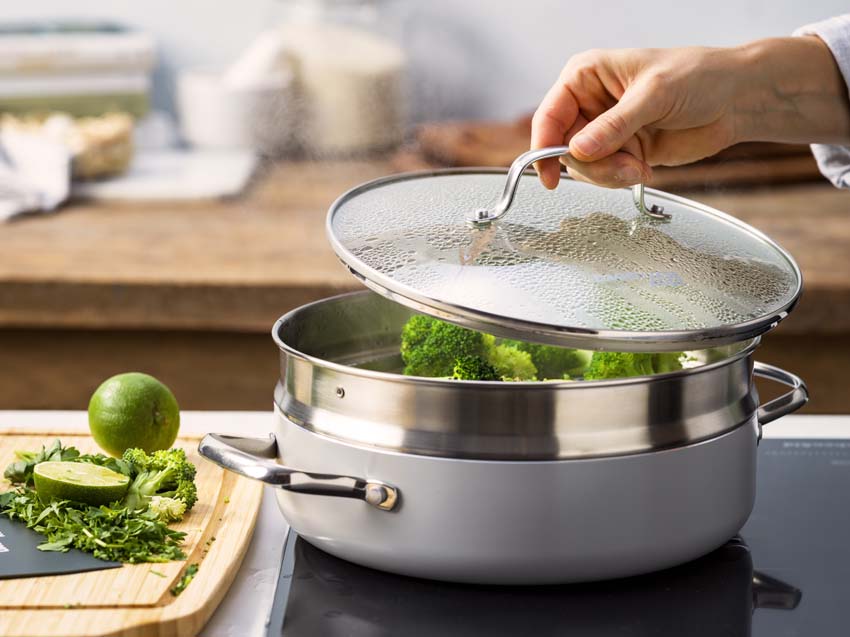 Poêle à ragout avec couvercle Dagelijkse Kost Proline sans PFAS argent Ø26cm panier vapeur