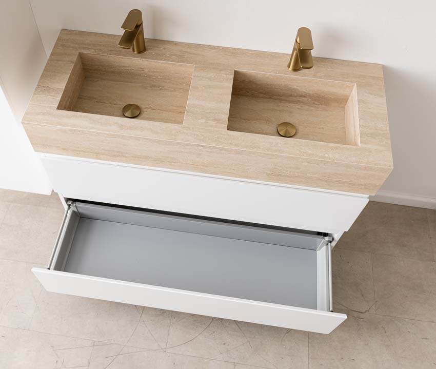 Badkamermeubel Tibo wit met dubbele brede wastafel travertinlook 120cm