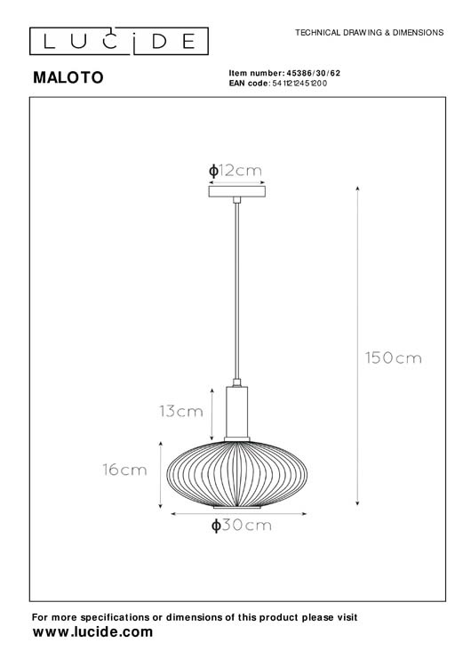 Lucide MALOTO - Suspension - Ø 30 cm - E27 - Ambre Lucide MALOTO - Suspension - Ø 30 cm - E27 - Ambre