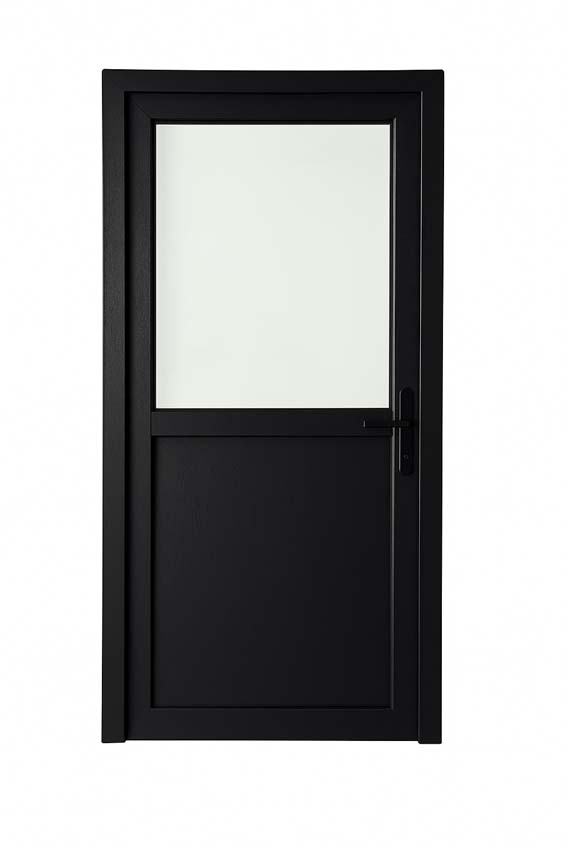 Porte extérieure semi-vitrée PVC verre clair noir ouvrant à droite sur mesure