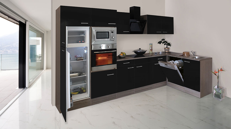 Keuken 340x172cm - zwart/eik donker - vitrokeramische kookplaat