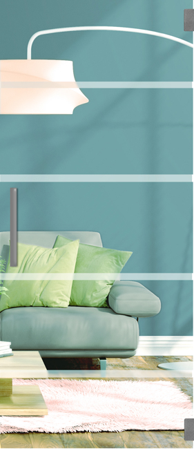 Complete glazen binnendeur Skyline Dawn helder + 4 lijnen mat 83x201cm inox ronde trekker + scharnieren