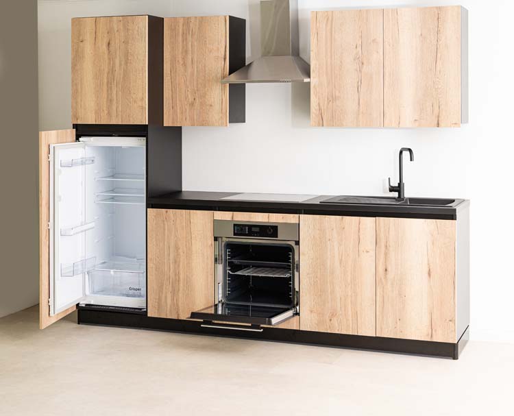 Cuisine Plenti noir/aspect bois 270cm - hotte murale en inox - sans appareils