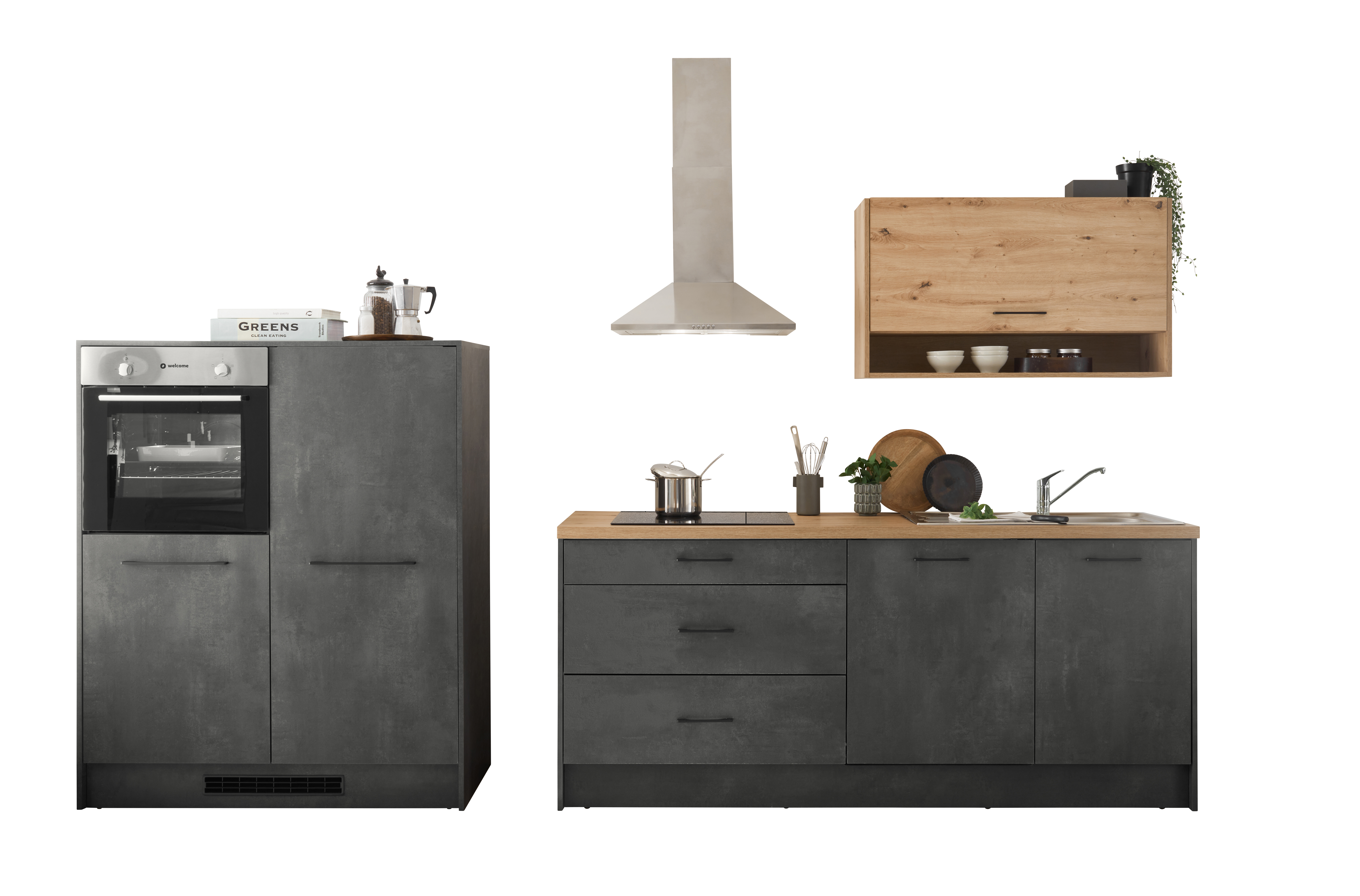 Cuisine Montréal aspect béton 326cm - avec appareils - plaque de cuisson vitrocéramique et hotte murale en inox