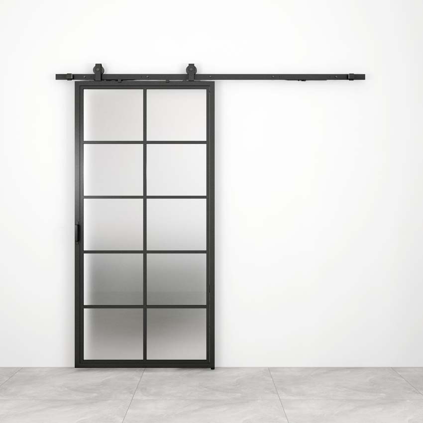 Complete enkele stalen schuifdeur Tyra mat glas 10R 93x213,4cm zwart + rail zwart