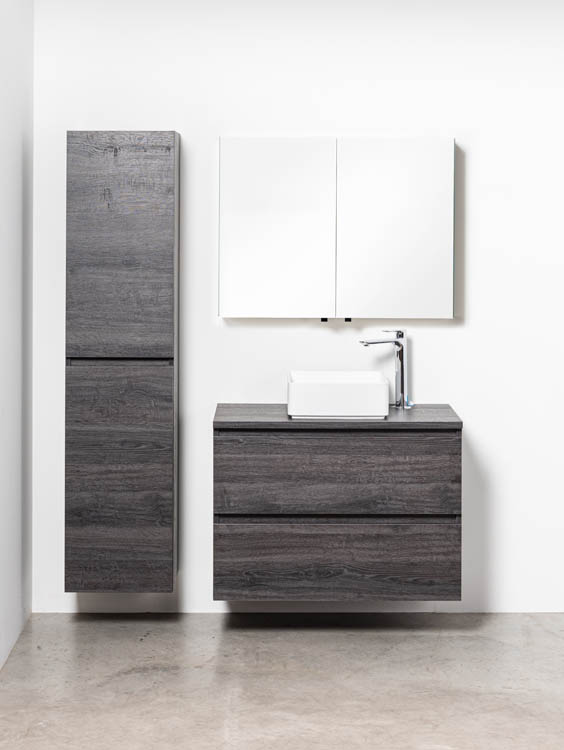 Meuble de salle de bains Dotan chêne foncé suspendu avec plateau en mélamine 90cm