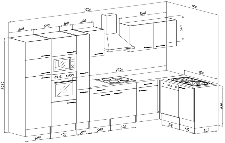 Hoekkeuken grijs/eik donker 370x172cm - vitrokeramische kookplaat en zwarte wanddampkap - met toestellen