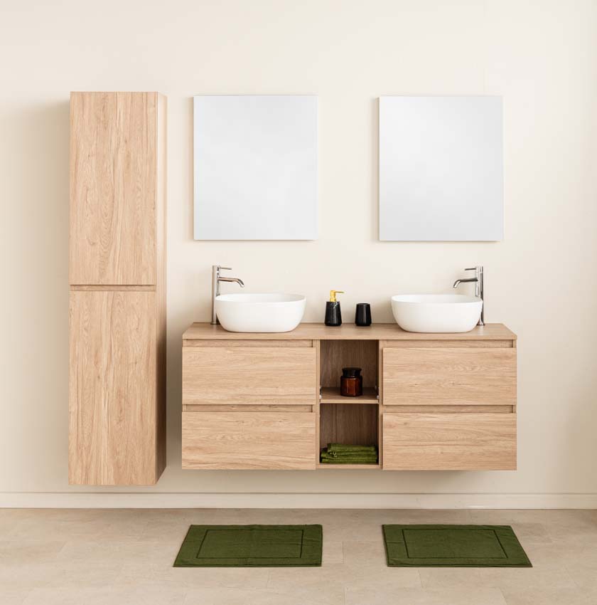 Meuble de salle de bains Bella chêne suspendu avec double vasque à poser blanc mat 150cm