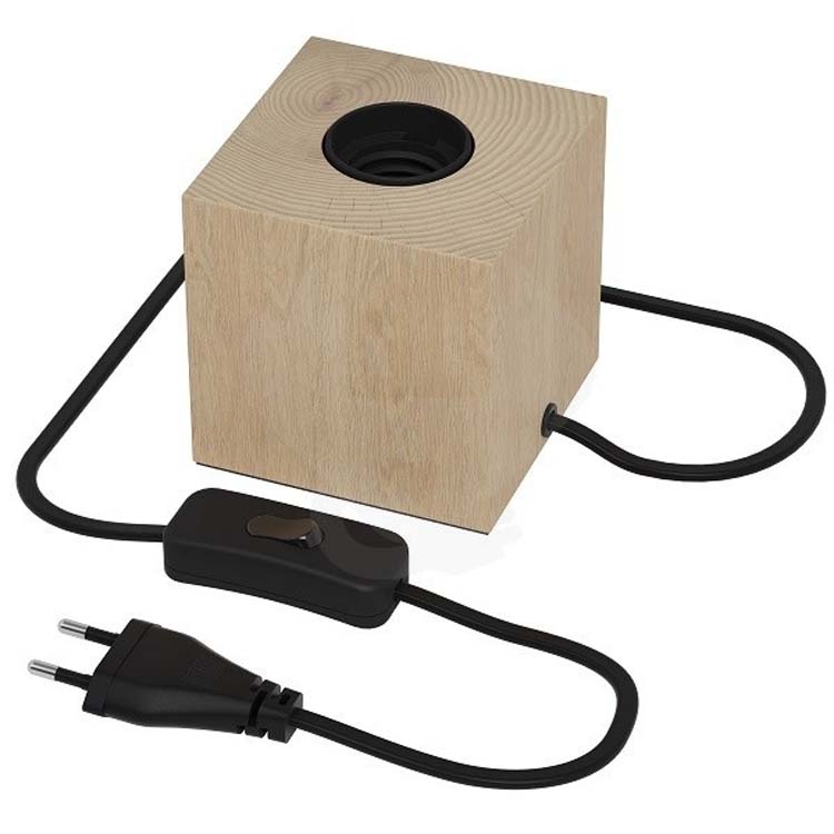Lampe de table bois base E27 40W + interrupteur corde 1,8 m