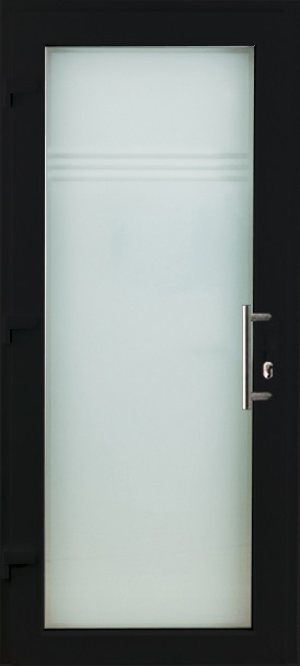 Porte extérieure 3 lignes claires PVC verre mat noir/blanc ouvrant à droite sur mesure