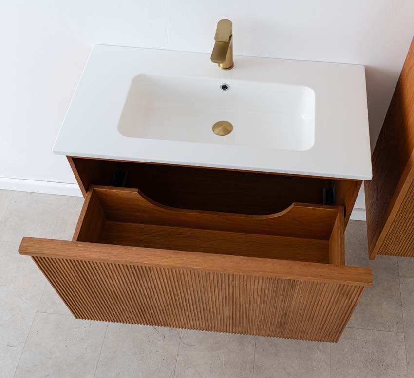 Badkamermeubel Fae eik hangend met enkele wastafel glanzend wit 90cm