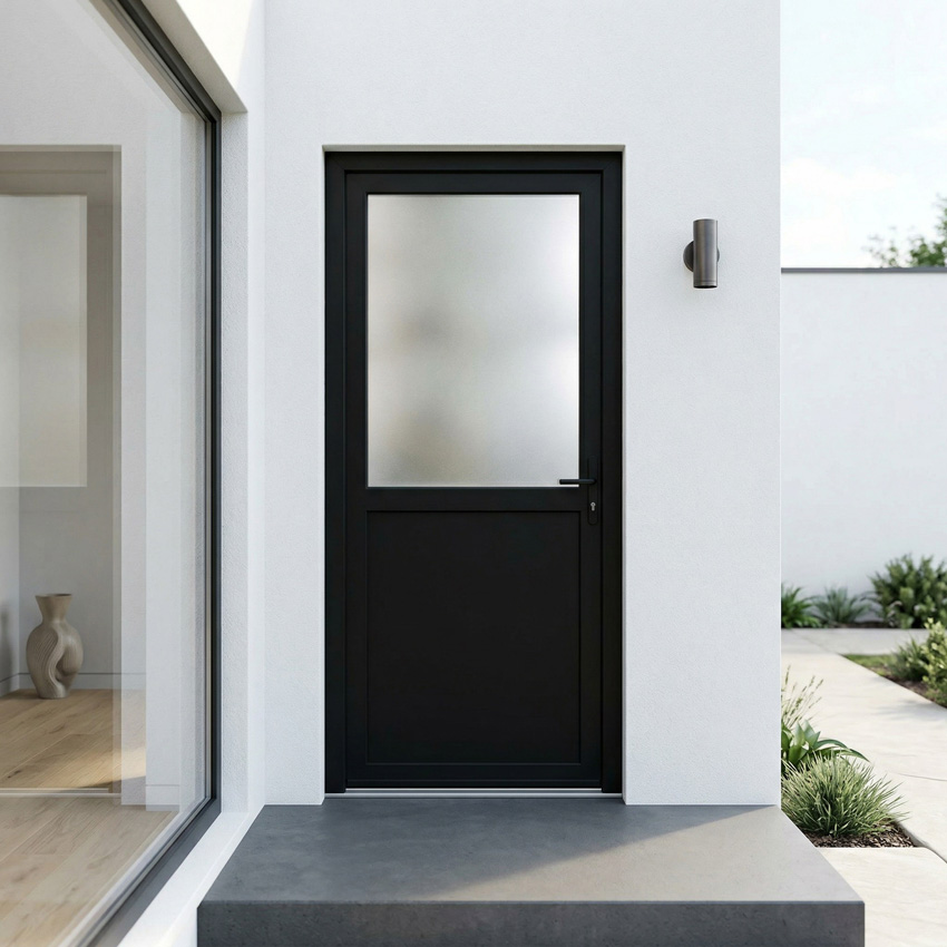 Porte extérieure semi-vitrée PVC verre mat noir ouvrant à droite sur mesure