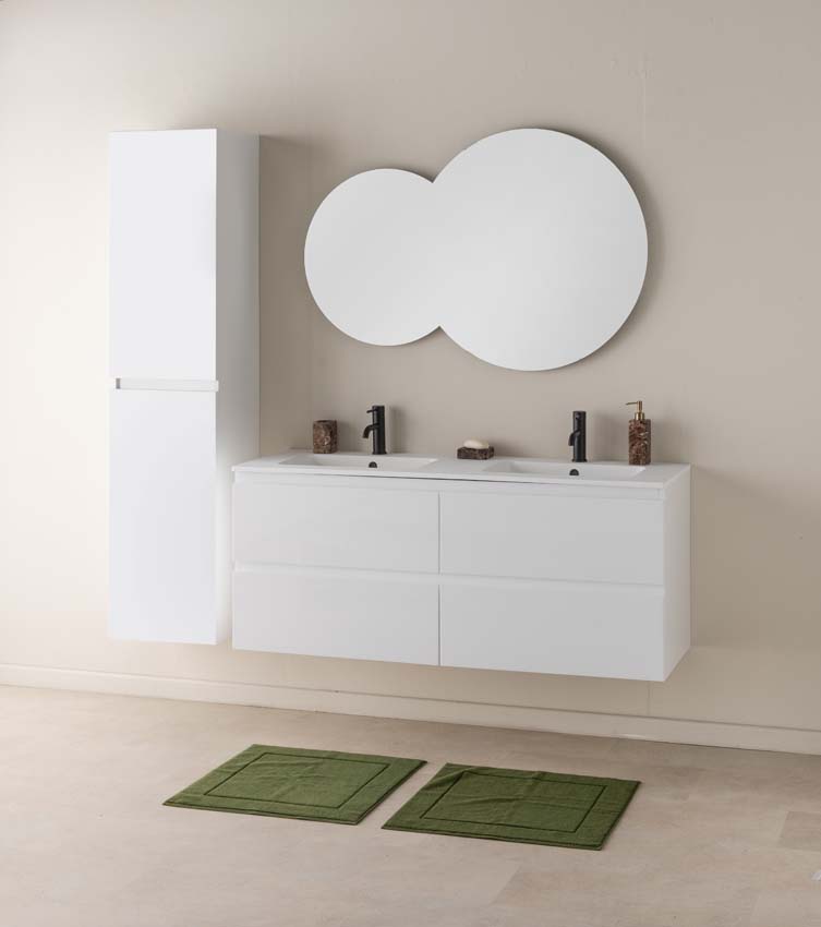 Meuble de salle de bains Tibo blanc suspendu avec lavabo double blanc mat 140cm
