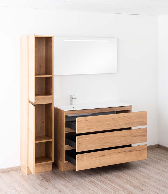 Meuble de salle de bain Daria chêne brun doré 1200 mm sur pied lavabo brillant gauche