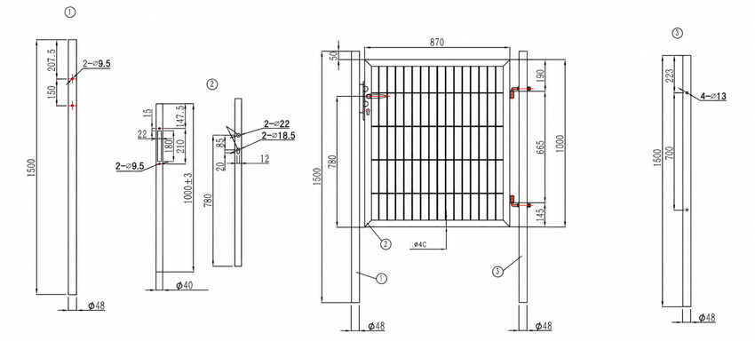 Complete enkele tuinpoort Eco zwart 100x100cm - ronde palen, inclusief palen, slot en kruk