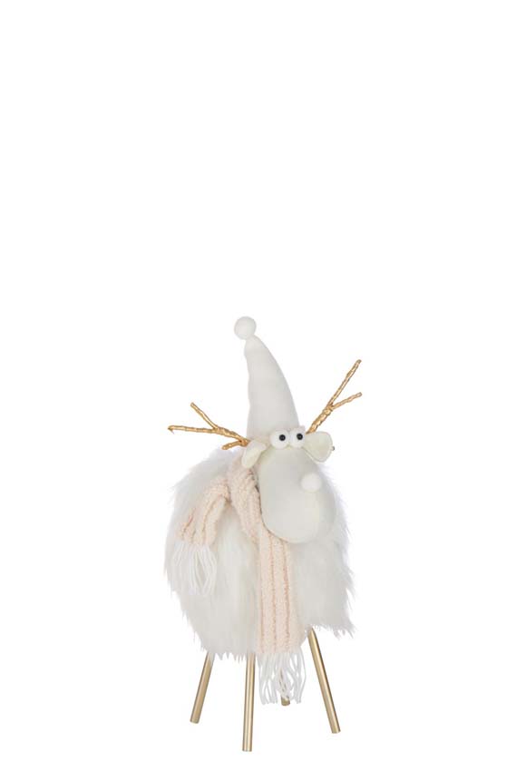 Sculpture renne chapeau + écharpe polyester blanc/beige 29x25x46cm
