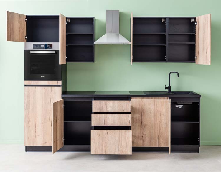 Cuisine Plenti noire/aspect bois 280cm - tiroirs - sans appareils