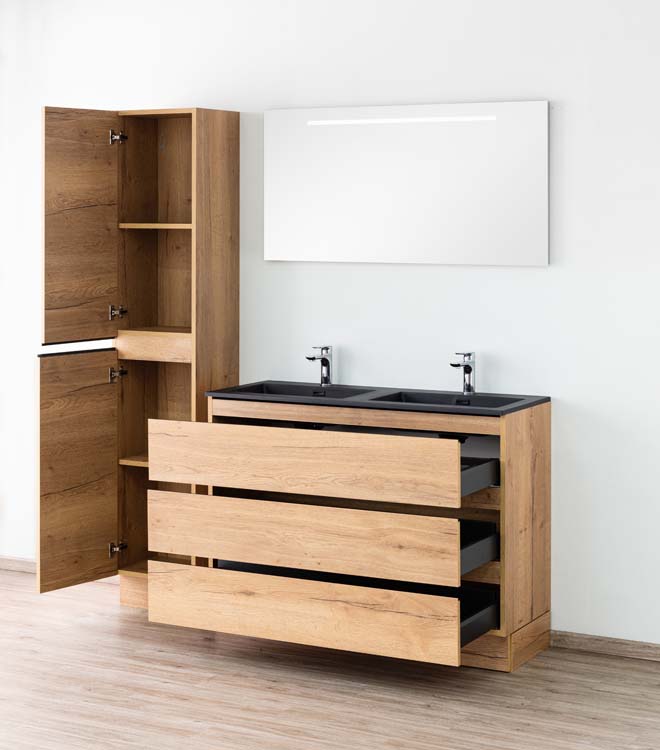 Badkamermeubel Daria eik goudbruin staand met dubbele wastafel mat zwart 120cm