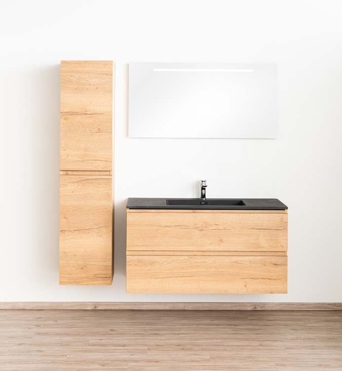 Badkamermeubel Daria eik goudbruin hangend met enkele wastafel mat zwart 120cm