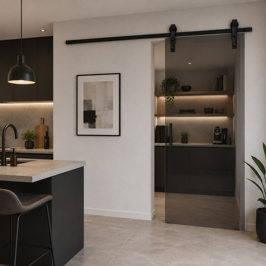 Complete enkele schuifdeur Skyline Grey grijs getint glas op maat + rail zwart