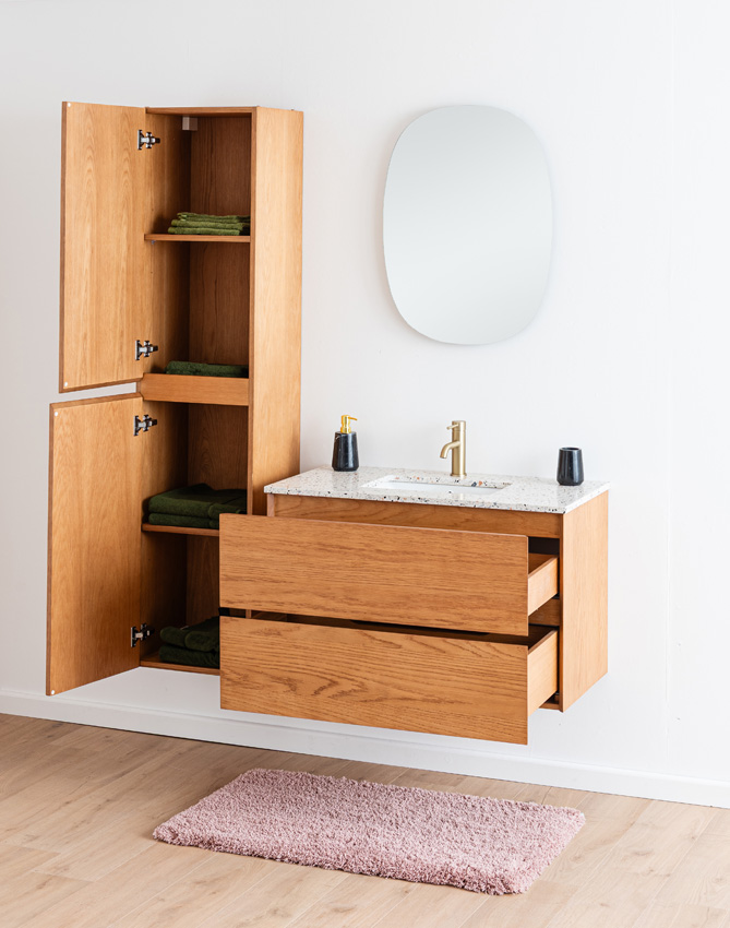 Badkamermeubel Fior eik hangend met enkele wastafel terrazzo 90cm