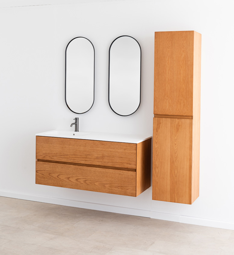 Badkamermeubel Fior eik hangend met enkele wastafel glanzend wit 120cm