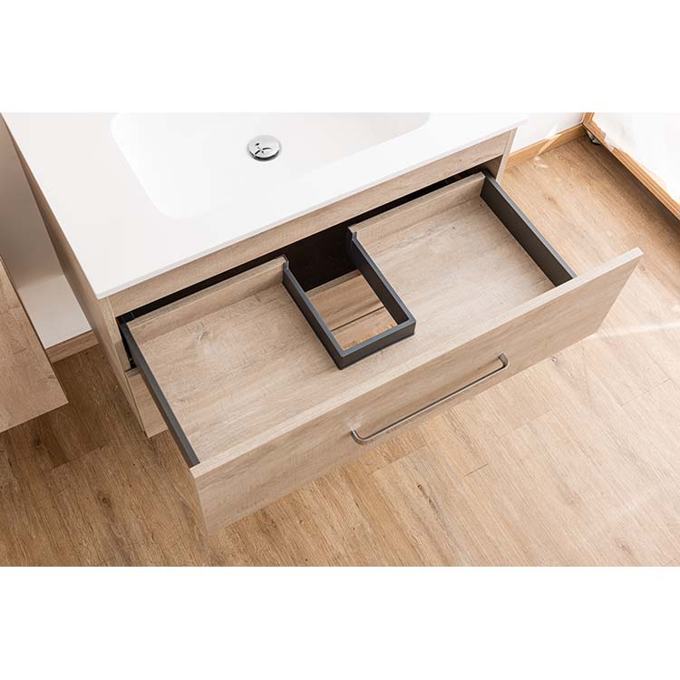 Badkamermeubel Plato eik betonlook hangend met enkele wastafel mat en chroom grepen 90cm