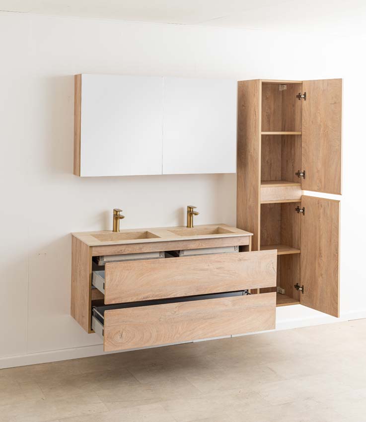 Meuble de salle de bain Tibo en chêne méditerranéen avec double lavabo aspect travertin 120cm