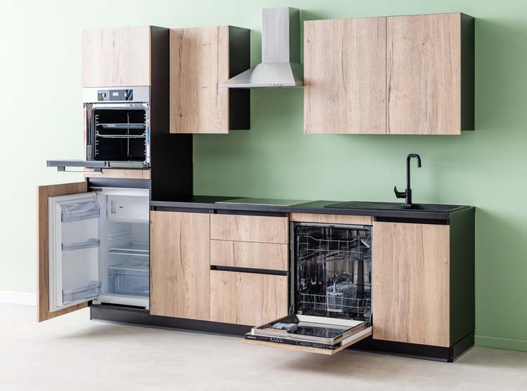 Cuisine Plenti noire/aspect bois 280cm - tiroirs - sans appareils