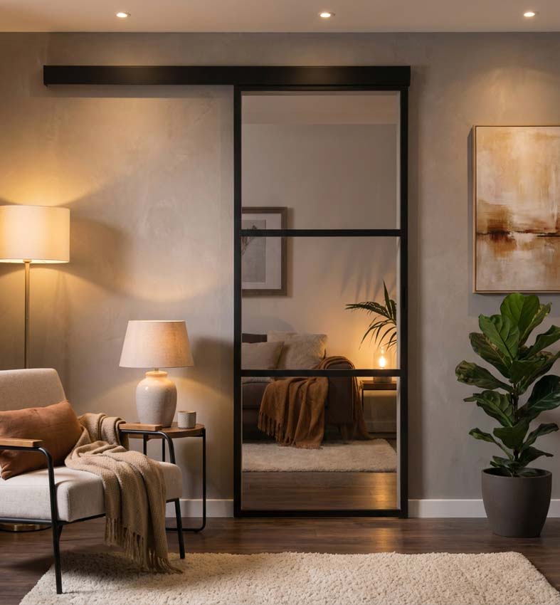 Complete enkele schuifdeur Luxe Dimaro Nero helder glas 3R op maat zwart + rail zwart