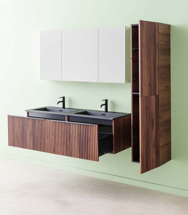 Meuble de salle de bains Soetkin noyer suspendu avec lavabo double noir mat 140cm
