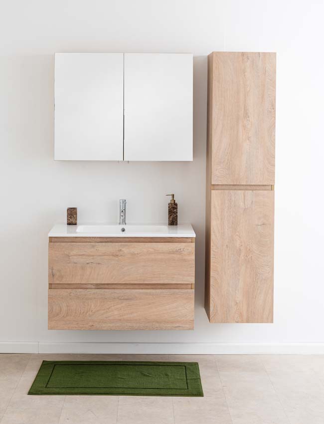 Meuble de salle de bain Tibo en chêne méditerranéen avec lavabo simple blanc brillant 90cm