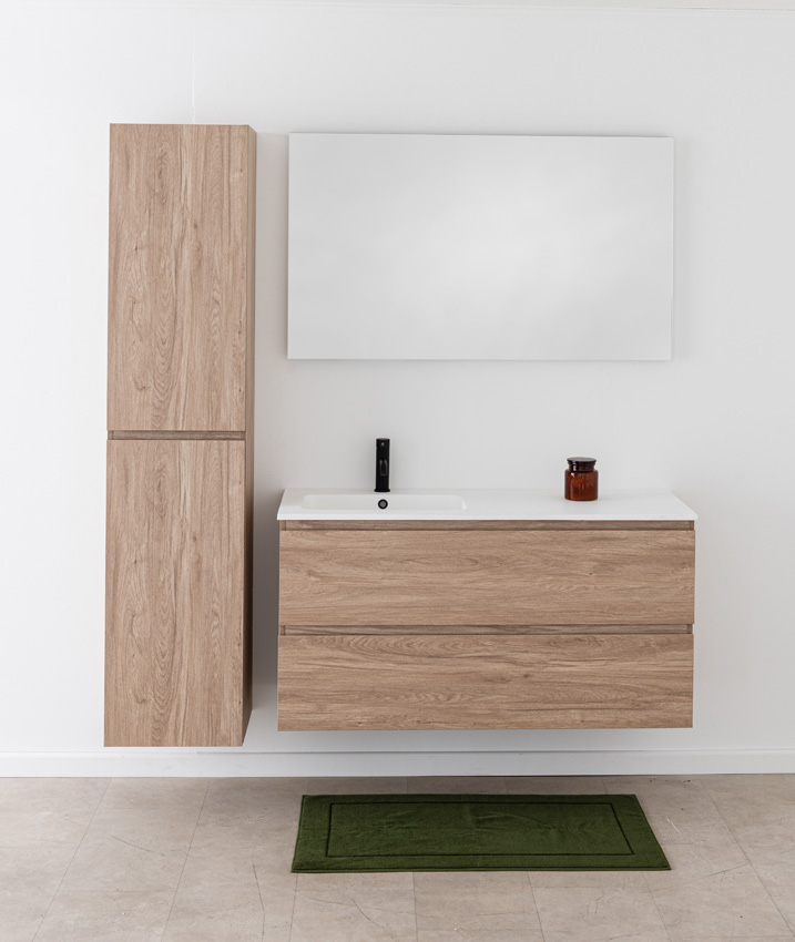 Meuble de salle de bain Bianca aspect chêne suspendu avec lavabo simple blanc mat 120,5cm