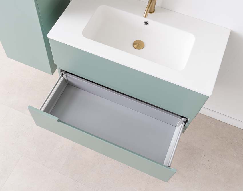 Meuble de salle de bains Truman vert gris suspendu avec lavabo simple blanc mat 90cm