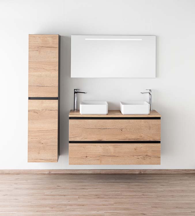 Meuble de salle de bain Dotan chêne/noir 1200 mm tablette en saillie melamine Meuble de salle de bain Dotan chêne/noir 1200 mm tablette en saillie melamine