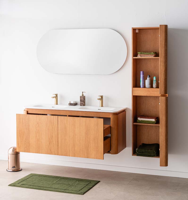 Badkamermeubel Floris eik hangend met dubbele wastafel mat wit 140cm Badkamermeubel Floris eik hangend met dubbele wastafel mat wit 140cm