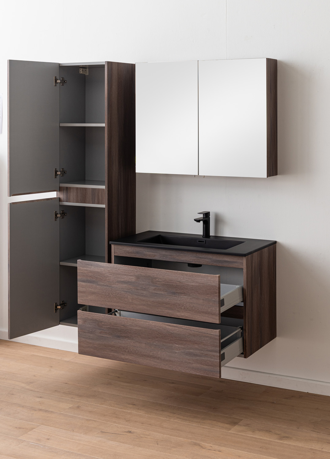 Meuble de salle de bains Tarik chêne ambré suspendu avec vasque simple noir mat 90cm
